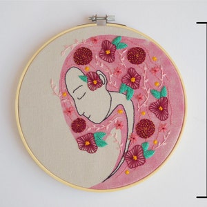 Hand embroidery KIT DIY, mother earth, embroidery woman long hair, flowers pink hair, hoop art DIY, housewarming wall decor, floral design image 9