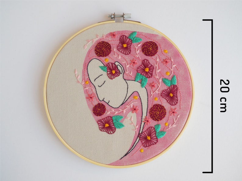 Hand embroidery KIT DIY, mother earth, embroidery woman long hair, flowers pink hair, hoop art DIY, housewarming wall decor, floral design image 9