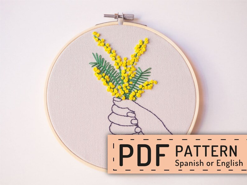 Embroidery download PDF, Floral mimosa pattern, hand and flower, Yellow embroidery design, Spanish directions, wall DIY decor, Yellow flower image 1