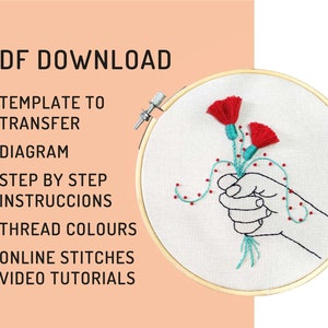 Hand embroidery pattern PDF, hoop art DIY, english directions, wall decor, free online stitch tutorial, red flower design, ramo flores rojas image 7