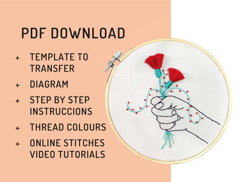 Hand embroidery pattern PDF, hoop art DIY, english directions, wall decor, free online stitch tutorial, red flower design, ramo flores rojas image 7