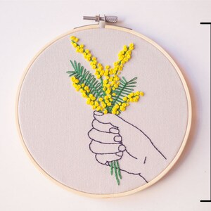 Embroidery download PDF, Floral mimosa pattern, hand and flower, Yellow embroidery design, Spanish directions, wall DIY decor, Yellow flower image 9