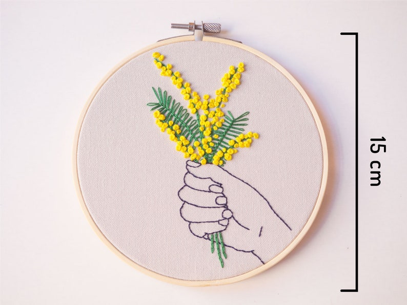 Embroidery download PDF, Floral mimosa pattern, hand and flower, Yellow embroidery design, Spanish directions, wall DIY decor, Yellow flower image 9