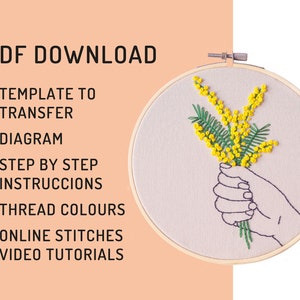 Embroidery download PDF, Floral mimosa pattern, hand and flower, Yellow embroidery design, Spanish directions, wall DIY decor, Yellow flower image 8