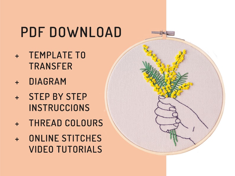 Embroidery download PDF, Floral mimosa pattern, hand and flower, Yellow embroidery design, Spanish directions, wall DIY decor, Yellow flower image 8