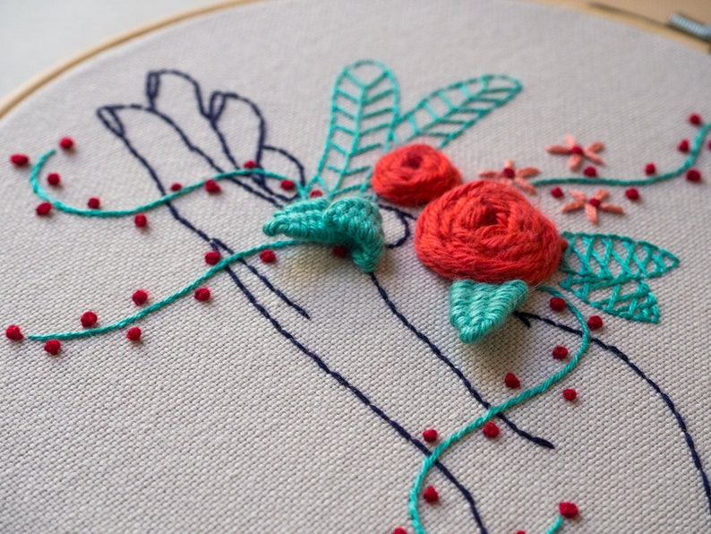 Hand embroidery KIT DIY, Kit de bordado, kit instrucciones español, mano con flores, diseño floral, flores rojas, puntos básicos de bordado imagen 5