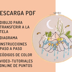 Hand embroidery pdf, pattern spanish, paper boat to embroider, fish water, moon night, online stitch, hands holding water, DIY embroidery image 5