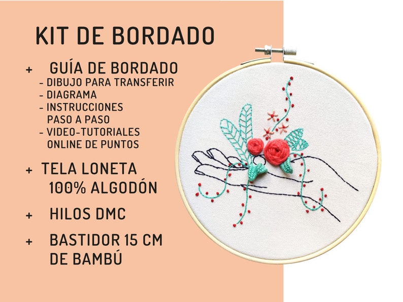 Hand embroidery KIT DIY, Kit de bordado, kit instrucciones español, mano con flores, diseño floral, flores rojas, puntos básicos de bordado imagen 8