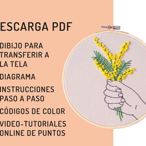 Borduurpatroon PDF, Borduurgids downloaden, Mimosa-boeketborduurwerk, Spaanse instructies, Woondecoratie, Geel bloemdessin afbeelding 7