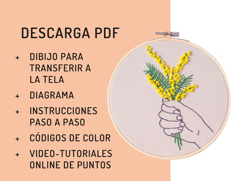 Embroidery download PDF, Floral mimosa pattern, hand and flower, Yellow embroidery design, Spanish directions, wall DIY decor, Yellow flower image 7