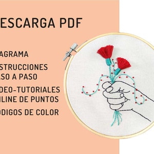 Hand embroidery pattern PDF, hoop art DIY, english directions, wall decor, free online stitch tutorial, red flower design, ramo flores rojas image 6