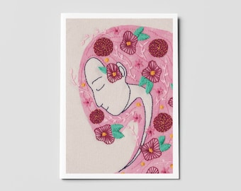 Lamina ilustración, ilustración bordada, Madre tierra, mujer pelo rosa, cabello con flores, decoración, cuadro pared, postal, ilustración