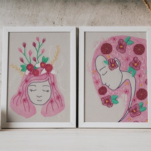 3 Illustration prints pack, hand embroidery, feminism, woman and flowers, mother earth, wall frame decor, postalcard, illustration print, image 2