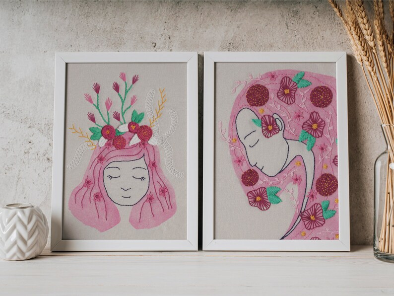 3 Illustration prints pack, hand embroidery, feminism, woman and flowers, mother earth, wall frame decor, postalcard, illustration print, image 2