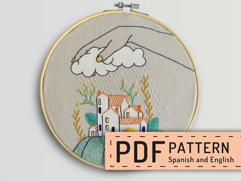 Hand embroidery pattern PDF, digital download, cloudy rain in village, how to embroider, hoop art DIY, spanish and english directions image 1