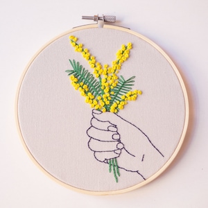 Embroidery download PDF, Floral mimosa pattern, hand and flower, Yellow embroidery design, Spanish directions, wall DIY decor, Yellow flower image 3