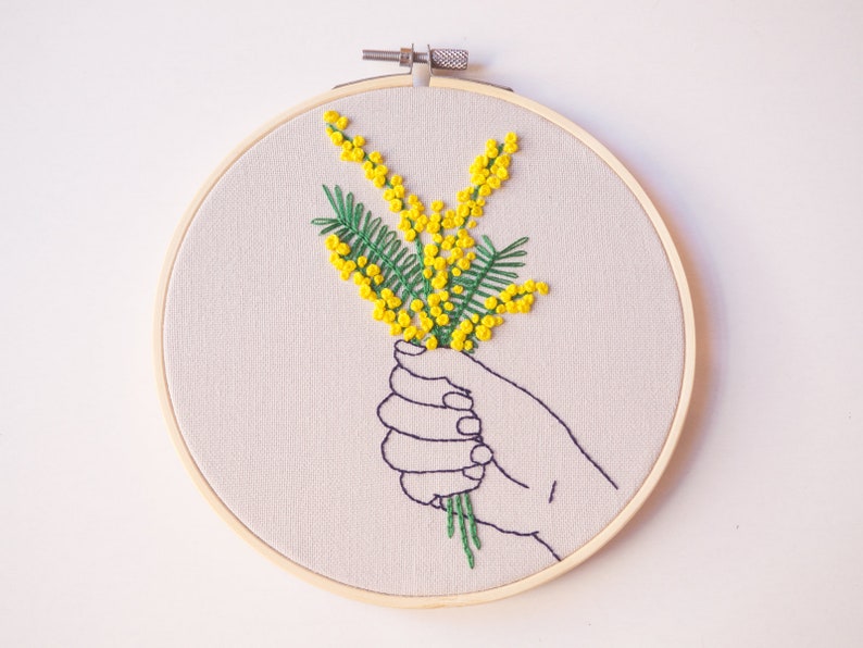 Embroidery download PDF, Floral mimosa pattern, hand and flower, Yellow embroidery design, Spanish directions, wall DIY decor, Yellow flower image 3