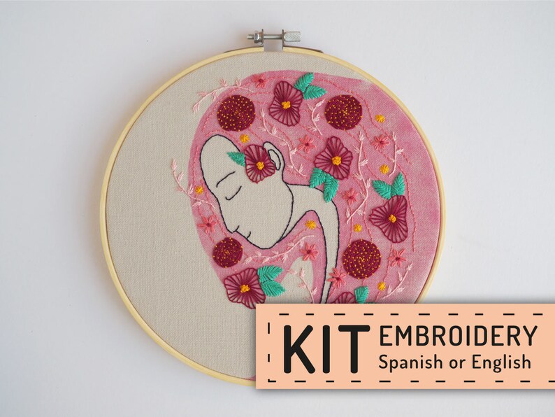 Hand embroidery KIT DIY, mother earth, embroidery woman long hair, flowers pink hair, hoop art DIY, housewarming wall decor, floral design image 1