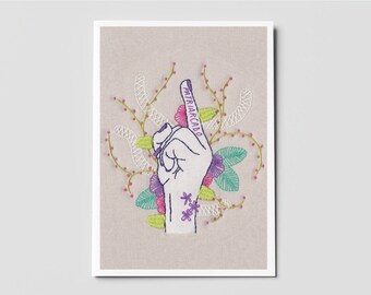 Illustration print, Embroidery illustration, feminism, fuck Patriarchy, hand fuck off, wall frame decor, postalcard, illustration print,