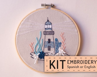 Hand embroidery KIT DIY, blue lighthouse in hand, embroidery blue seaweed, Kit wit materials, hoop art DIY, housewarming wall decor