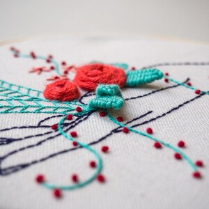 Hand embroidery KIT DIY, Kit de bordado, kit instrucciones español, mano con flores, diseño floral, flores rojas, puntos básicos de bordado imagen 7