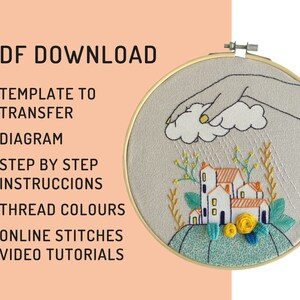 Hand embroidery pattern PDF, digital download, cloudy rain in village, how to embroider, hoop art DIY, spanish and english directions image 7