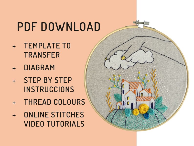 Hand embroidery pattern PDF, digital download, cloudy rain in village, how to embroider, hoop art DIY, spanish and english directions image 7