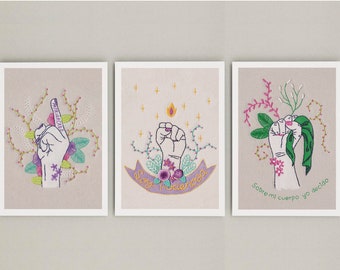 3 Illustration prints pack, Embroidery illustration, hand embroidery print, feminism, Patriarchy, wall frame decor, postalcard, illustration