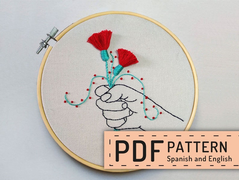 Hand embroidery pattern PDF, hoop art DIY, english directions, wall decor, free online stitch tutorial, red flower design, ramo flores rojas image 1