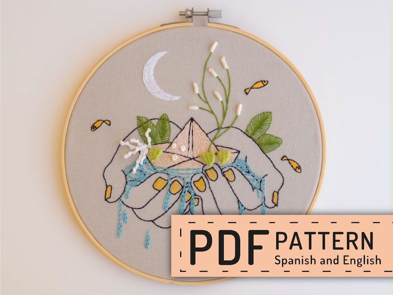 Hand embroidery pdf, pattern spanish, paper boat to embroider, fish water, moon night, online stitch, hands holding water, DIY embroidery image 1