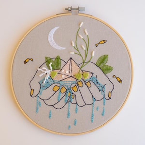 Hand embroidery pdf, pattern spanish, paper boat to embroider, fish water, moon night, online stitch, hands holding water, DIY embroidery image 8