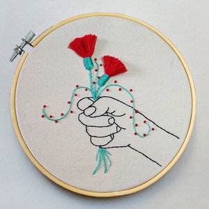 Hand embroidery pattern PDF, hoop art DIY, english directions, wall decor, free online stitch tutorial, red flower design, ramo flores rojas image 2