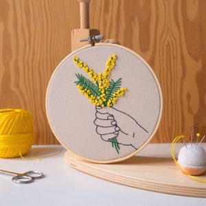 Embroidery download PDF, Floral mimosa pattern, hand and flower, Yellow embroidery design, Spanish directions, wall DIY decor, Yellow flower image 2