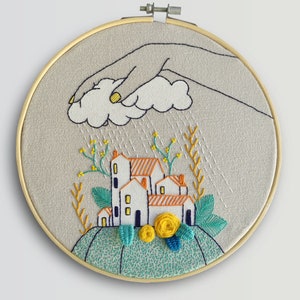 Hand embroidery pattern PDF, digital download, cloudy rain in village, how to embroider, hoop art DIY, spanish and english directions image 2