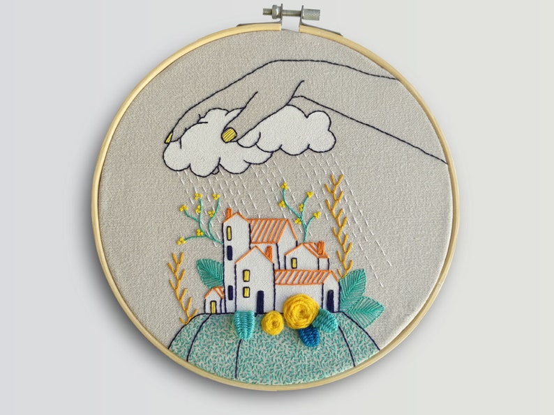 Hand embroidery pattern PDF, digital download, cloudy rain in village, how to embroider, hoop art DIY, spanish and english directions image 2