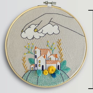 Hand embroidery pattern PDF, digital download, cloudy rain in village, how to embroider, hoop art DIY, spanish and english directions image 6