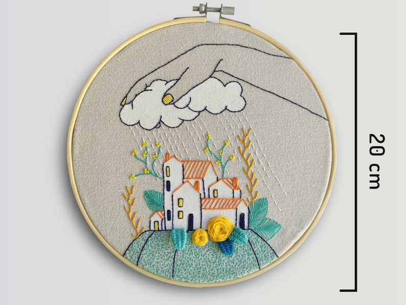Hand embroidery pattern PDF, digital download, cloudy rain in village, how to embroider, hoop art DIY, spanish and english directions image 6