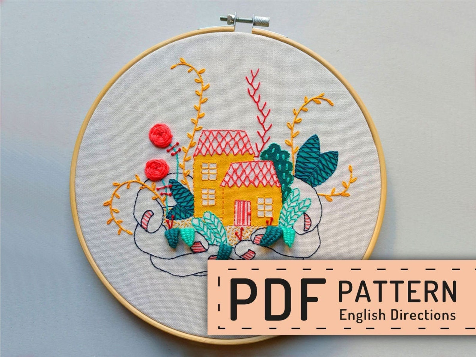 Descarga bordado PDF en inglés Bordado a mano casa amarilla Etsy