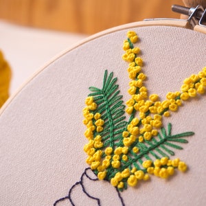Embroidery download PDF, Floral mimosa pattern, hand and flower, Yellow embroidery design, Spanish directions, wall DIY decor, Yellow flower image 5