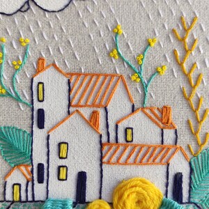 Hand embroidery pattern PDF, digital download, cloudy rain in village, how to embroider, hoop art DIY, spanish and english directions image 5