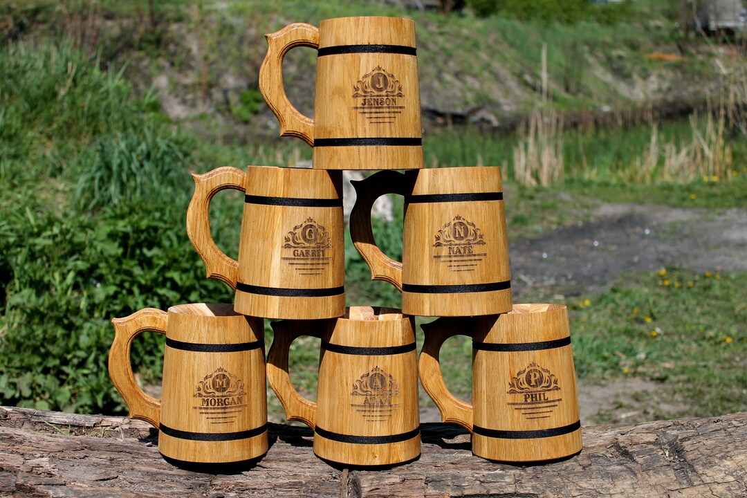 Set of 6 Wooden Beer Mugs Groomsmen Gift Tankard Wooden Etsy