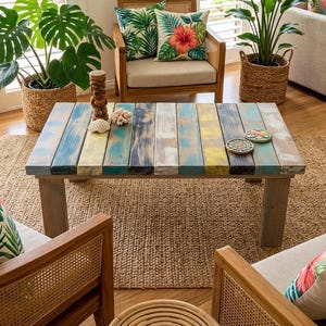 May include: A rectangular coffee table constructed from vertical wooden planks featuring a distressed finish in shades of blue, yellow, white, and natural wood. The table surface holds a small wooden tiki figurine, a white seashell, and two round coasters.