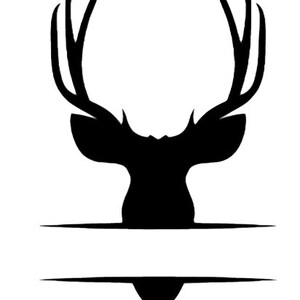 以下が含まれることがあります： 角のある鹿の頭の黒いシルエットで、下にテキストを入れるための空白があります。