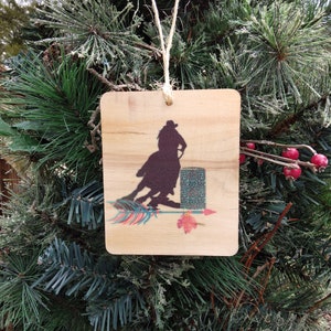 Rustic handmade, solid wood Christmas tree ornaments, Barrel Racer, Leopard