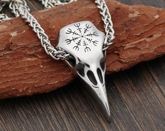 Raven Skull Viking Necklace - Stainless Steel | Helm Of Awe | Norse Pendant | Nordic Amulet | Viking Jewelry