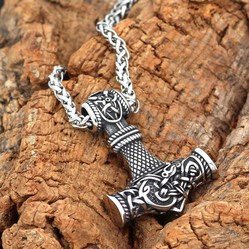 Nordic Amulet Mjolnir Viking Necklace Norse Necklace Hammer of Thor Viking Double-Sided Pendant Viking Jewelry Titanium Steel