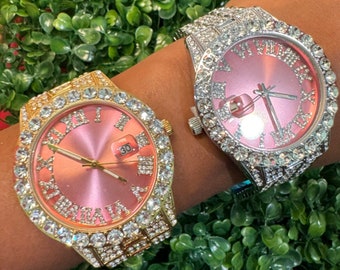 Custom colored icy Watch , colorful watch , icy watch , men watch , bling watch , luxury watch ,diamond watch, pink watch , women watch