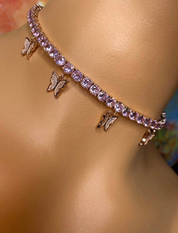 Pink Butterfly Tennis Necklace Heart 