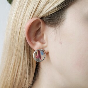Stained Glass Elegant Statement round small Earrings Terrarium jewelry Flora Blue Pink peony Handmade  Pressed dried flowers Christmas gift