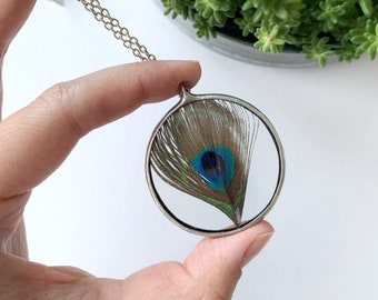 Round necklace Peacock feather Stained glass necklace with real peacock feather Terrarium jewelry For women Hand made Boho style Peafowl